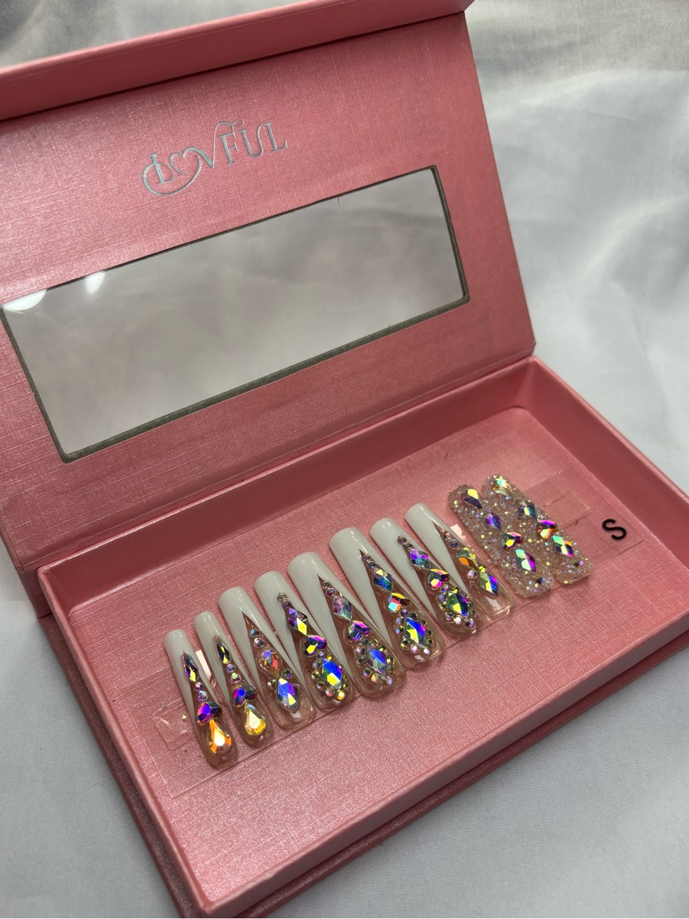 Acrylic Coffin Mid Length White Press-On Nails W/ Iridescent Gems Handmade Sz S